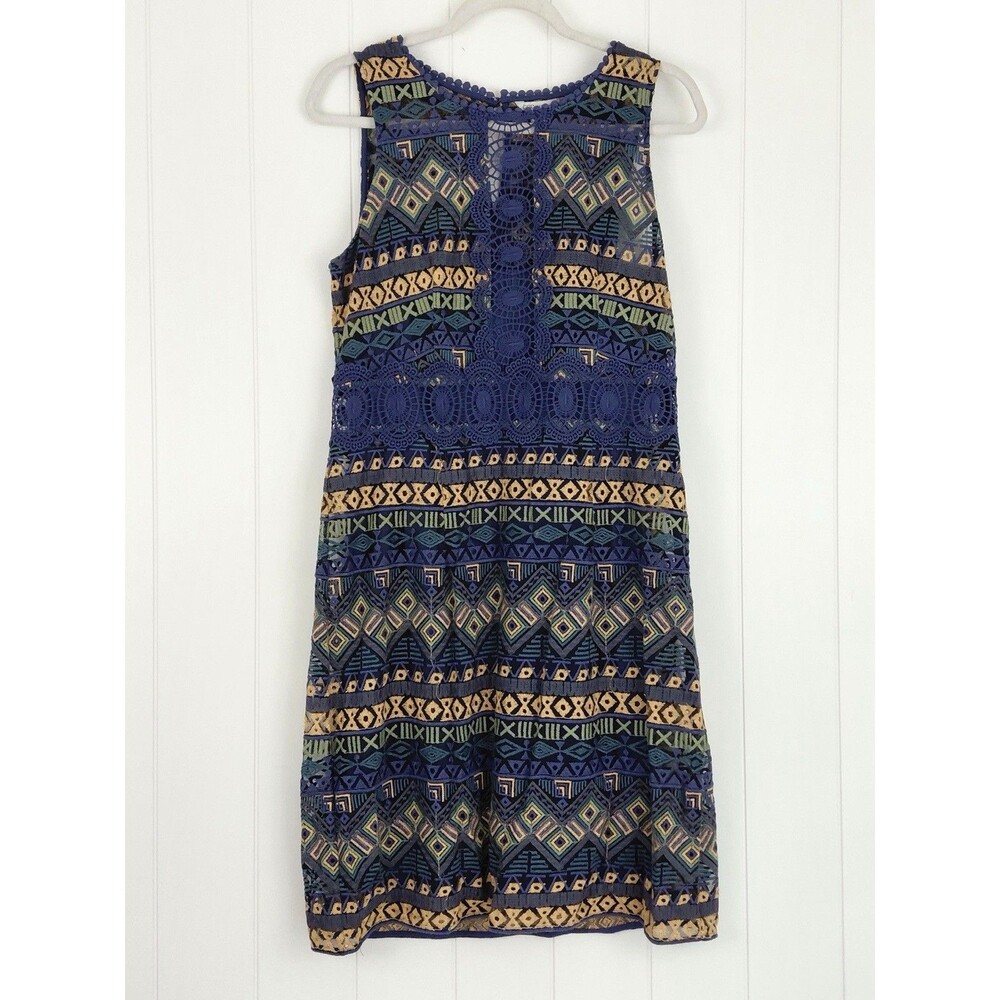 Cato Blue Geometric Print Sleeveless Dress Size 12 Open Knit Lace Trim Boho 12